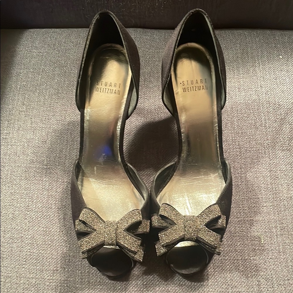 Stuart Weitzman Black and Silver High Heels with Peep-Toe